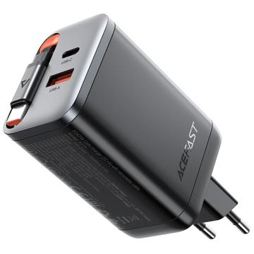 Acefast A111 67W GaN Charger with Retractable USB-C Cable, USB-C and USB-A Ports - EU Plug (Chargeur GaN 67W avec câble USB-C rétractable, ports USB-C et USB-A)