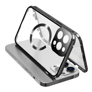 Compatible avec l\'étui MagSafe pour iPhone 15 Pro Cadre magnétique en métal + coque en verre trempé double face avec fermeture à boucle - Noir