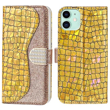 Etui Portefeuille iPhone 13 Mini Croco Bling - Doré