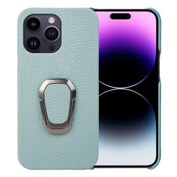 Coque iPhone 14 Pro Max Revêtue de Cuir avec Support Bague - Cyan