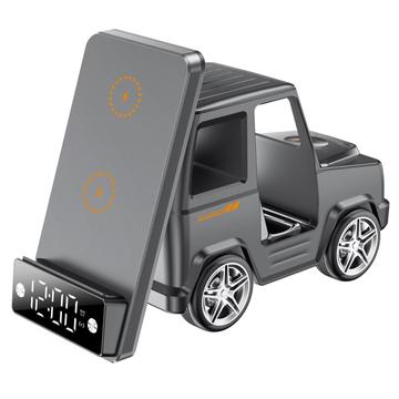 G63 Chargeur sans fil 15W en forme de voiture avec haut-parleur Bluetooth, horloge et lumière d\'ambiance