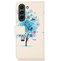 Étui Portefeuille Samsung Galaxy S21 FE 5G - Série Glam - Arbre Fleuri / Bleu