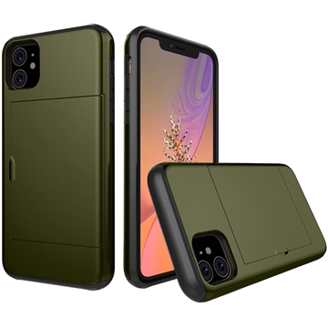 Coque Hybride iPhone 11 avec Fente pour Carte Coulissante - Vert Armée