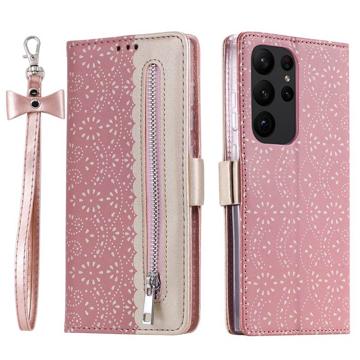 Étui Portefeuille Samsung Galaxy S23 Ultra 5G Lace Pattern - Rose doré