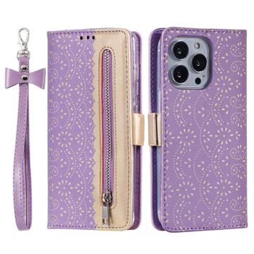 Étui Portefeuille iPhone 14 Pro Max Lace Pattern - Violet