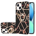 Coque iPhone 15 en TPU Marble Pattern IMD avec Support de Bague - Noir