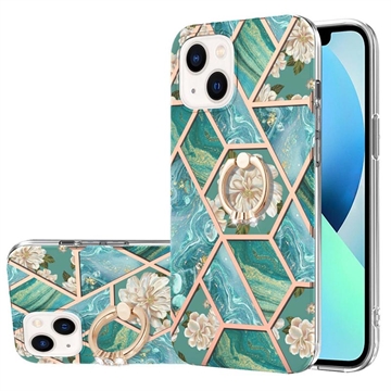 Coque iPhone 15 Plus en TPU Marble Pattern IMD avec Support de Bague - Vert