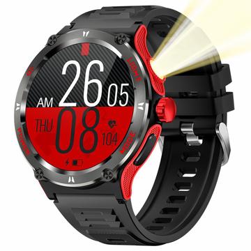 Montre intelligente KT76 étanche pour l\'extérieur avec boussole, lampe de poche - 1.53" - Rouge / Noir