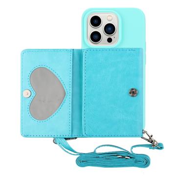 Coque iPhone 14 Pro avec Portefeuille et Sangle - Série Heart - Azur Clair