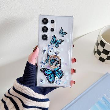 Coque Samsung Galaxy S24 Ultra en TPU Butterfly avec support d\'anneau - Bleu foncé