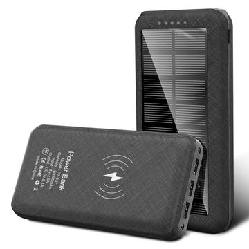 Banque d\'énergie solaire 20000mAh avec chargement sans fil, 3x ports USB, double lampe de poche LED - Noir