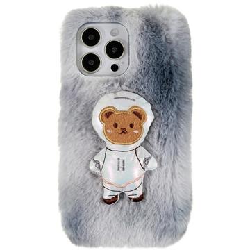 Coque iPhone 14 Pro Max en TPU 3D Plush Hiver Poilu - Ours Gris