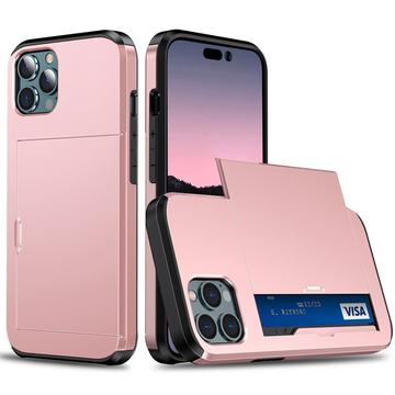 Coque Hybride iPhone 14 Pro avec Fente pour Carte Coulissante - Rose Doré