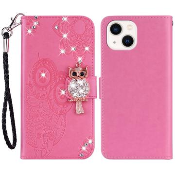 Etui iPhone 15 Hibou Strass - Rose Vif