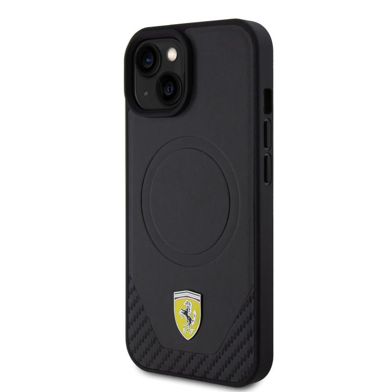 Coque Iphone 15 Plus Ferrari Carbon Metal Logo Mag Noire