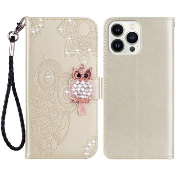 Etui iPhone 15 Pro Hibou Strass - Doré