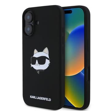 Coque MagSafe iPhone 16 en silicone liquide Karl Lagerfeld Choupette Head - Noire