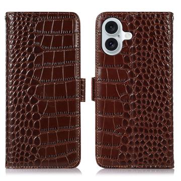 Étui Portefeuille iPhone 16 Plus en Cuir avec RFID - Série Crocodile - Marron