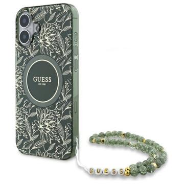 Coque iPhone 16 Pro Guess IML Flowers Allover avec bracelet en perles - Compatible MagSafe